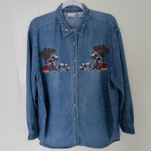 Vintage 90s denim button up shirt with embroidered teddy bears and apple trees